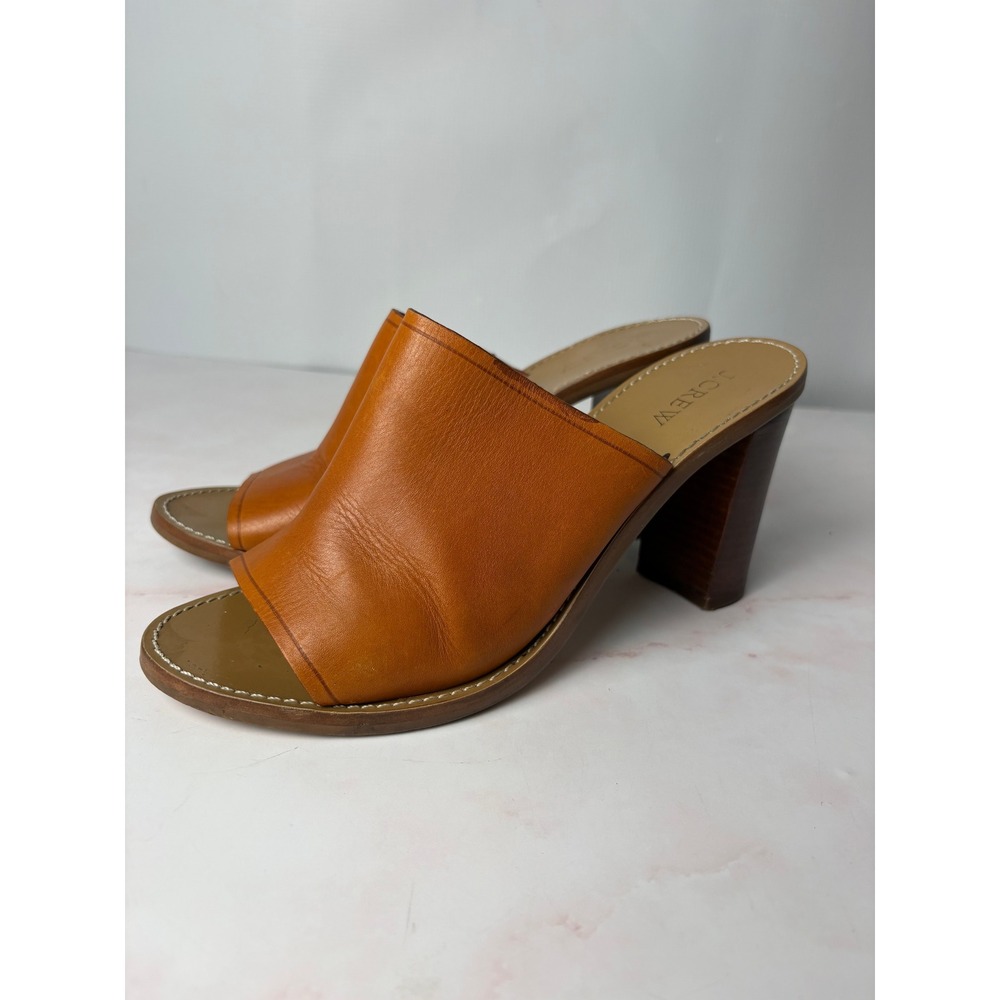 J.Crew Womens Cognac Brown Leather Peep Toe Block Heel Mule Sandals Size 8.5